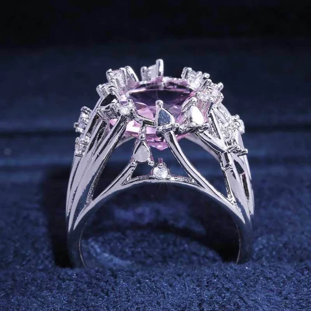 💞925 Silver Plated Hollow Pink Flower Engagement Ring, GPMB1546 - Picture 4 of 5